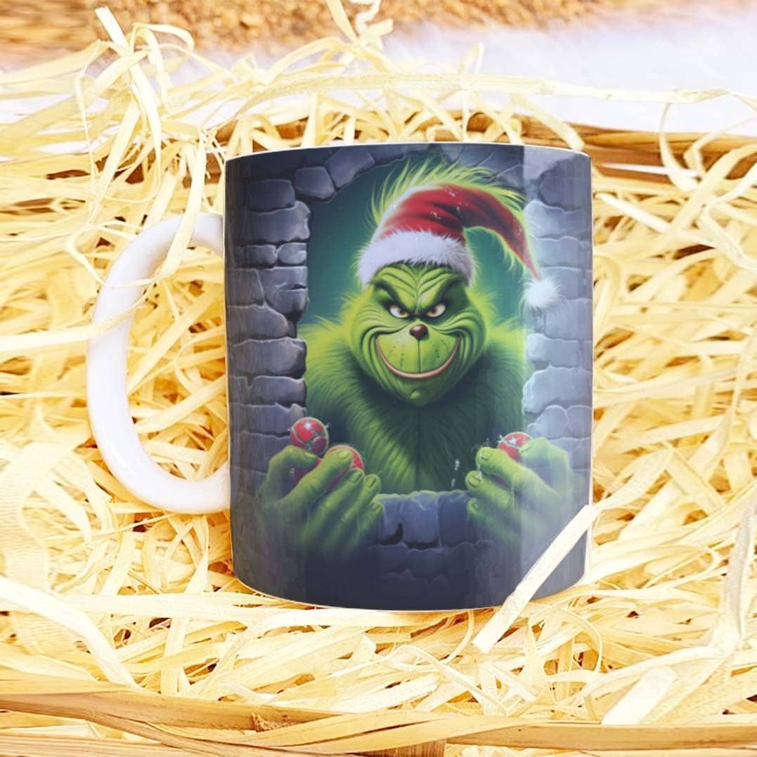 3D Funny Green Christmas Monster Mug Sublimation PNG Bundle | Cracked Wall Holiday Santa Mug Wrap 11oz 15oz Template