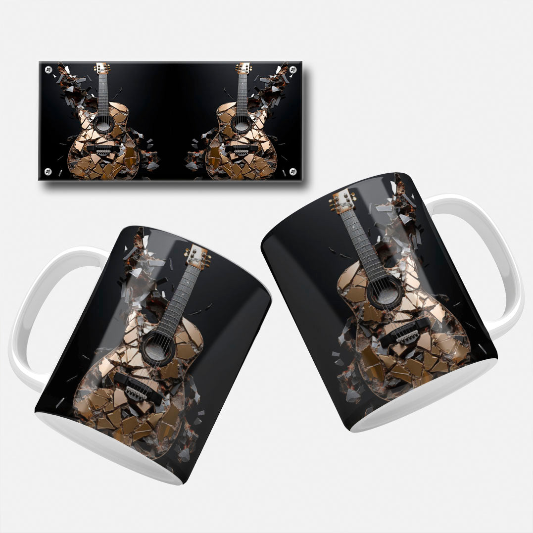 3D Guitar Mug Wrap Design Collection. 3D Guitar Mug Wrap featuring a guitar shattering through dark abstract patterns.