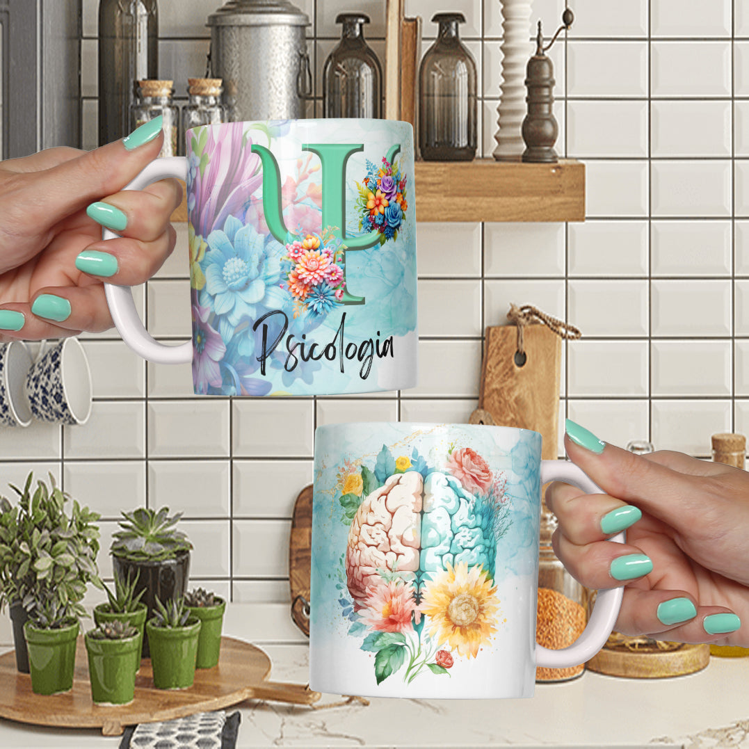 Psychology Floral Brain Mug Sublimation PNG Bundle | Watercolor Brain Flower Psi Symbol Mug Wrap