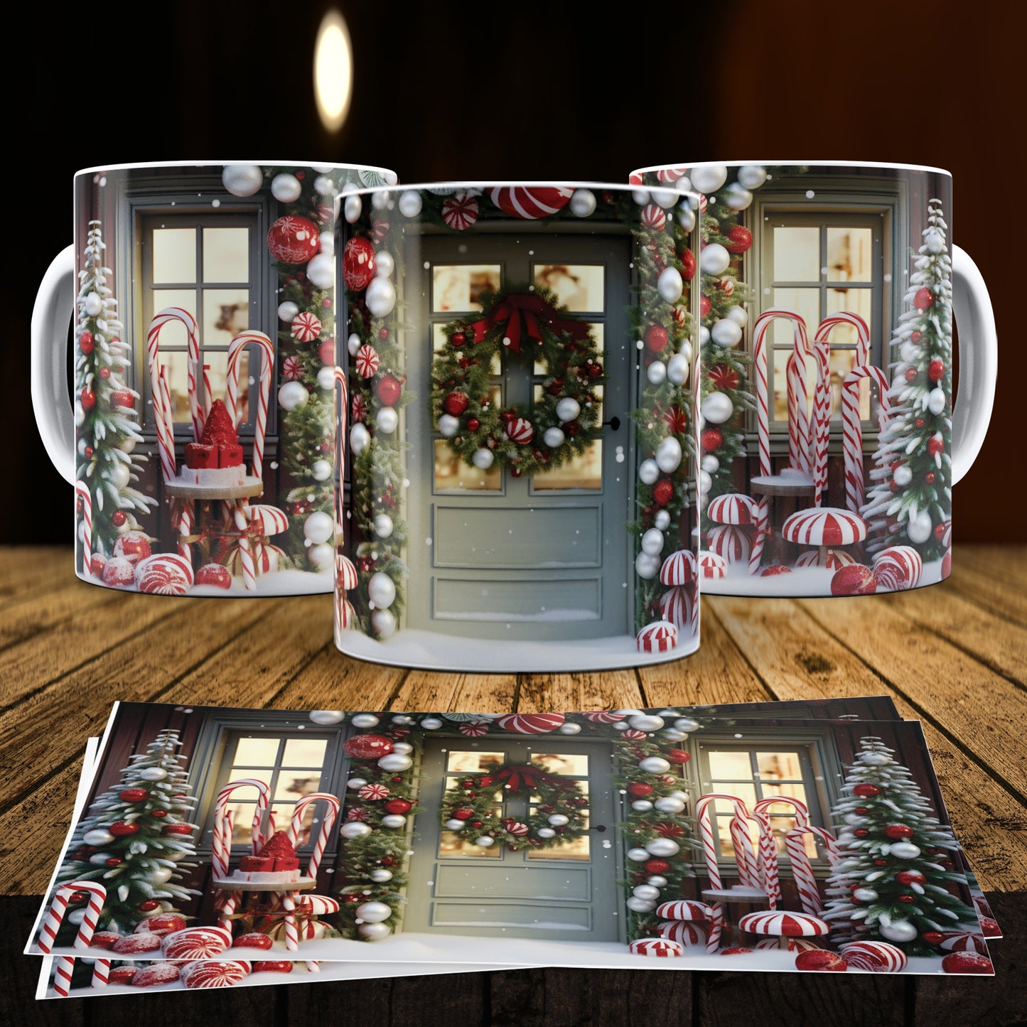 3D Christmas Gingerbread House Mug Sublimation PNG Bundle | Cute Pastel Candy Village Mug Wrap 11oz 15oz Template