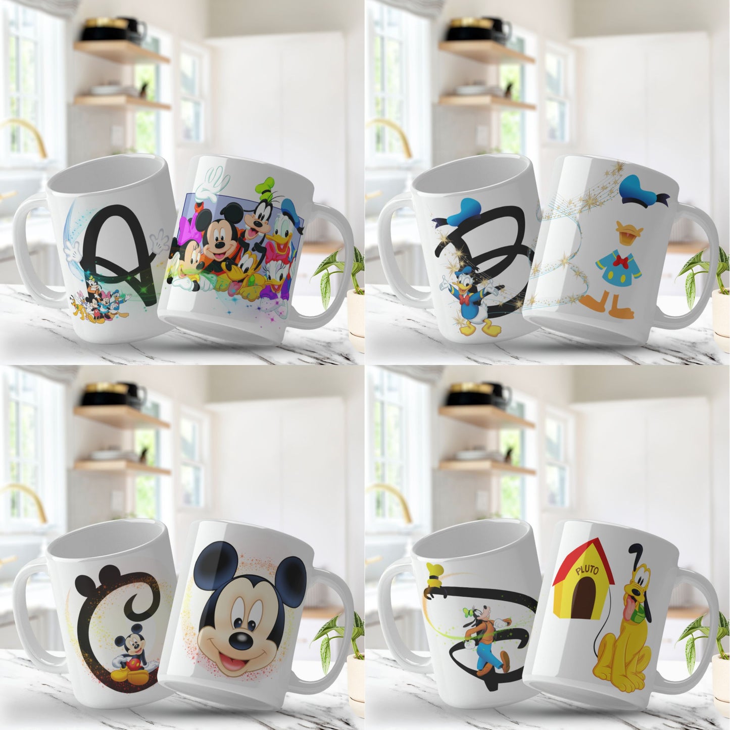 Set of white mugs with colorful cartoon character designs on a white background.