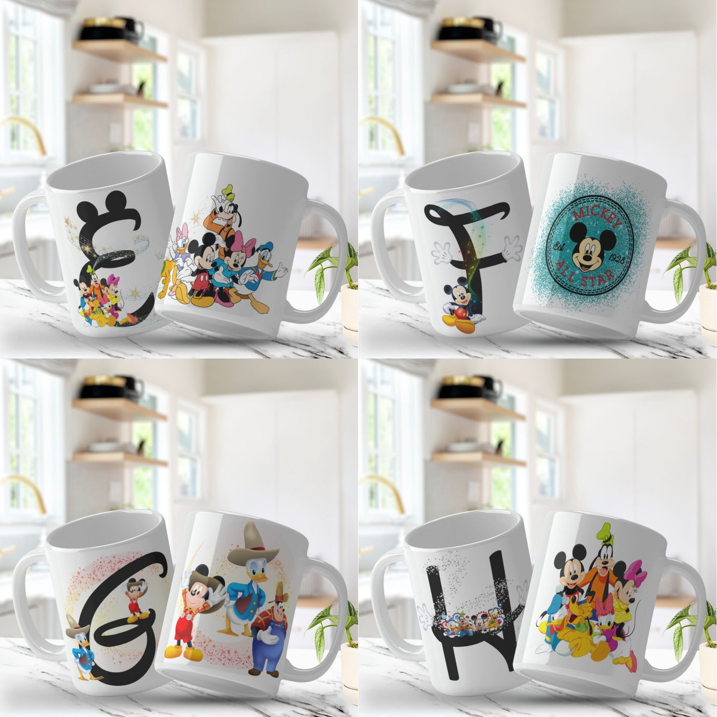 Set of six mickey mouse mug designs with various designs on a white background