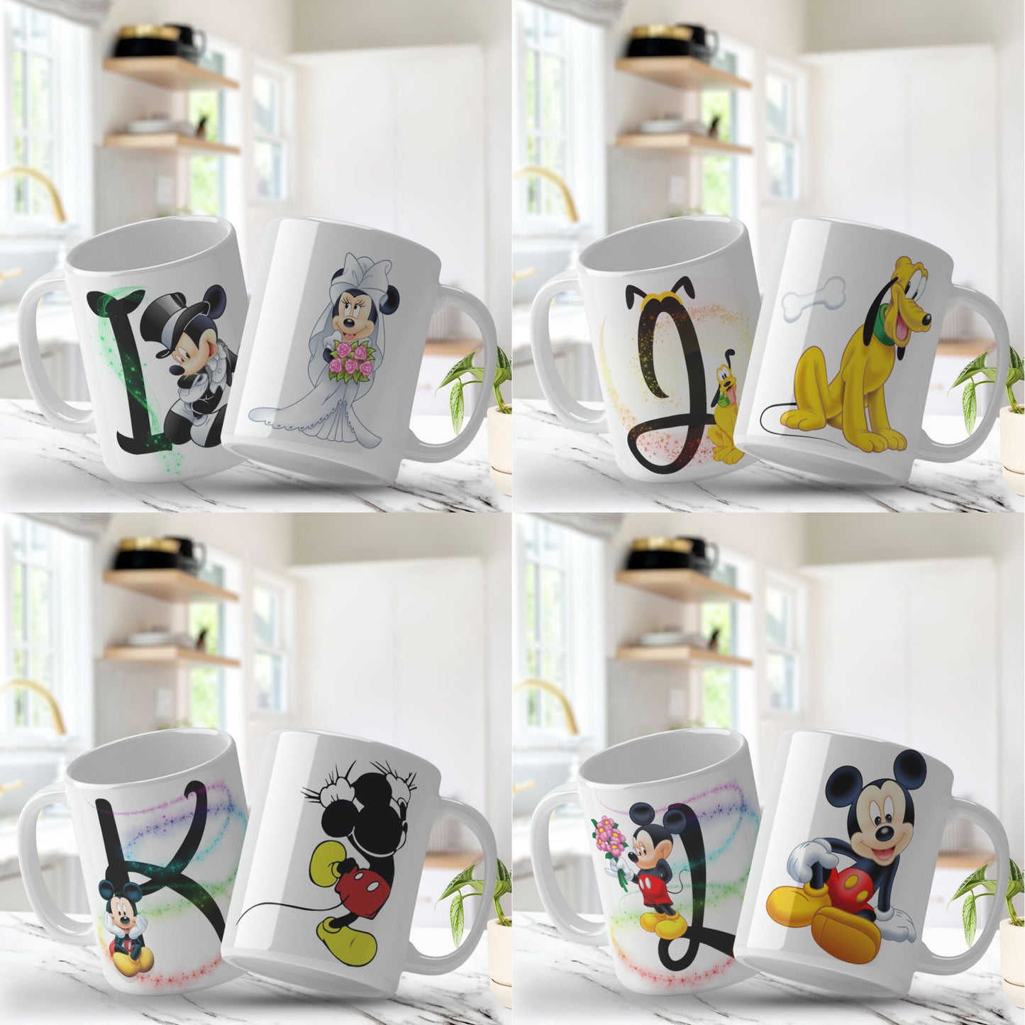 Set of white mugs with various cartoon character designs on a shelf. Mug png designs for sublimation.