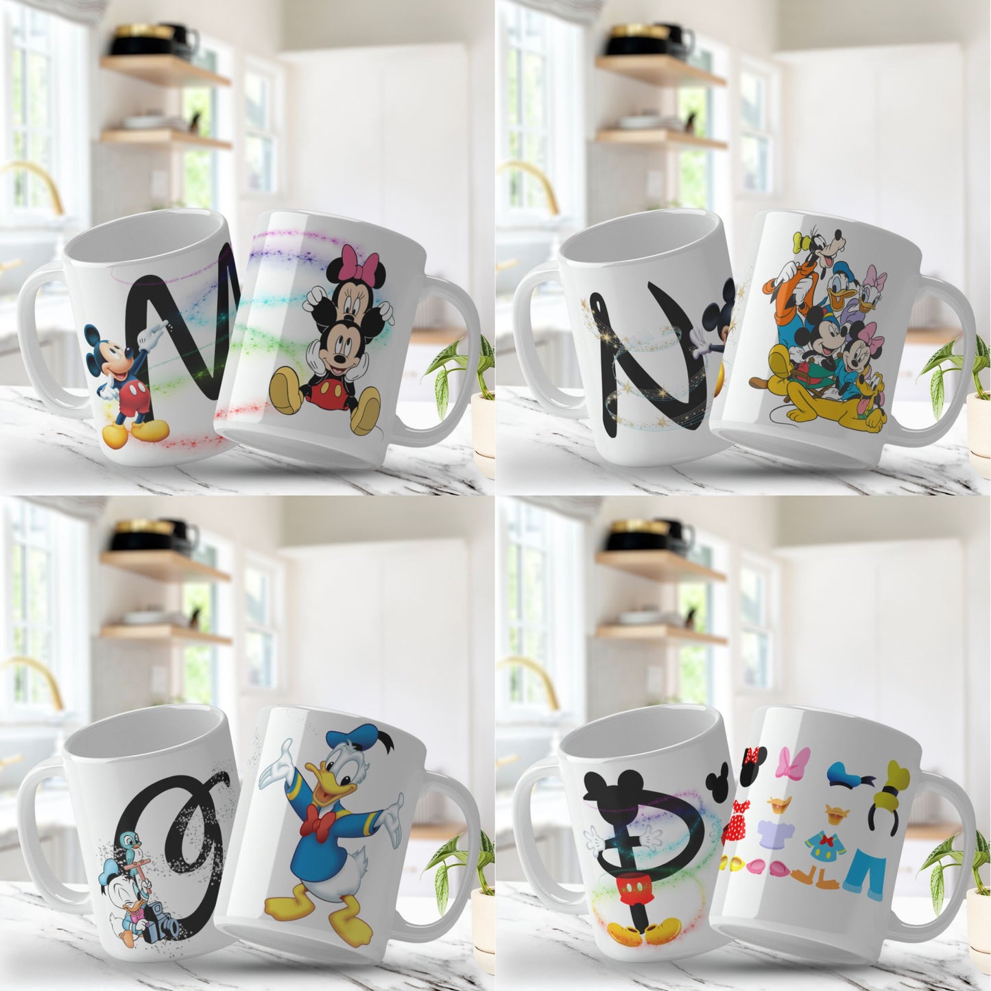 Set of Disney-themed mugs with character designs on a white surface.