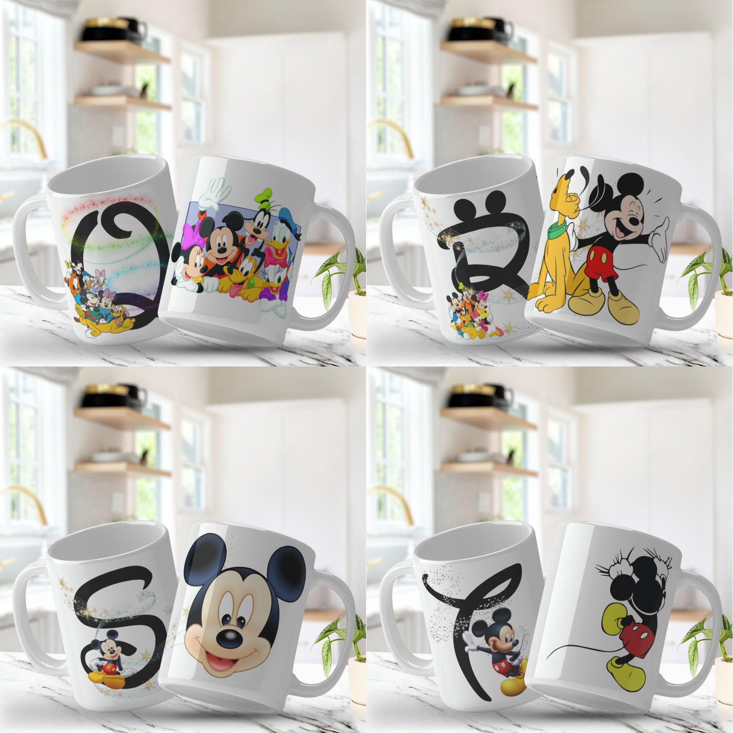 Set of mugs with various designs including cartoon characters on a white background.