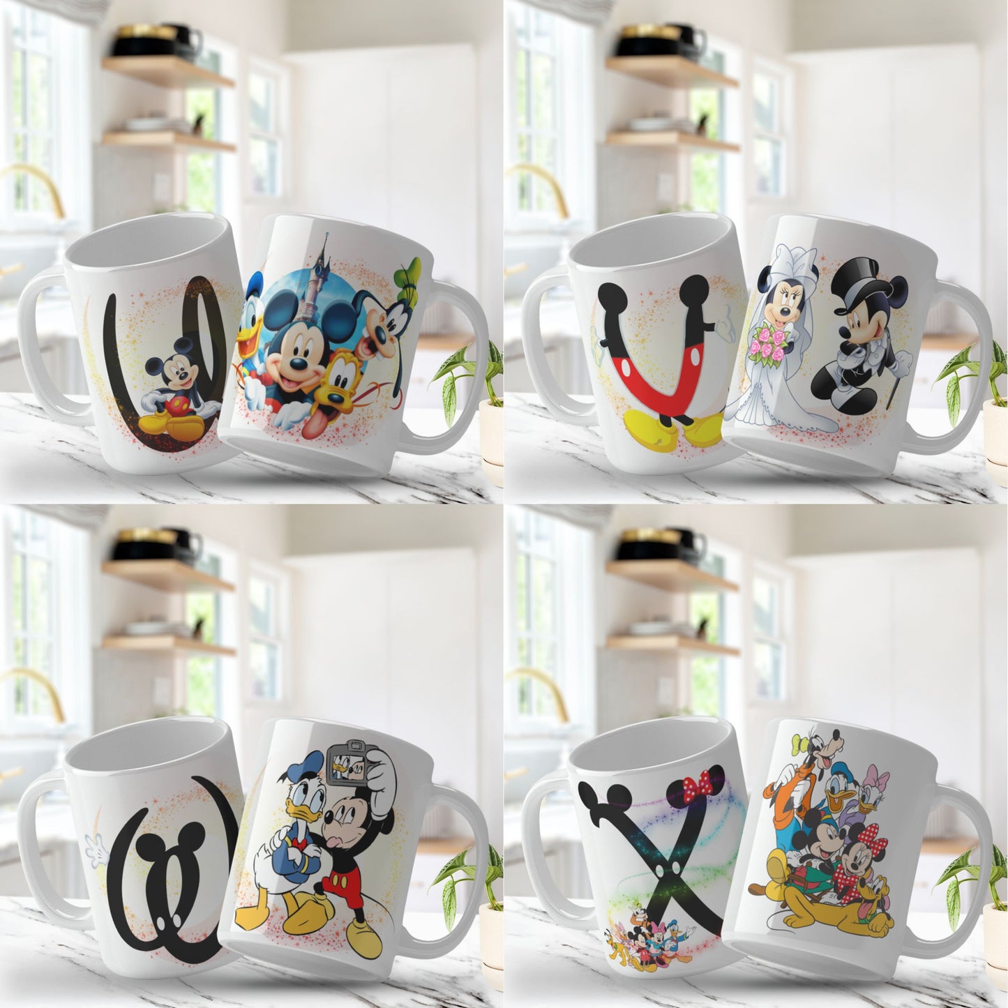 Set of Mickey Mouse-themed mugs displayed on a shelf.