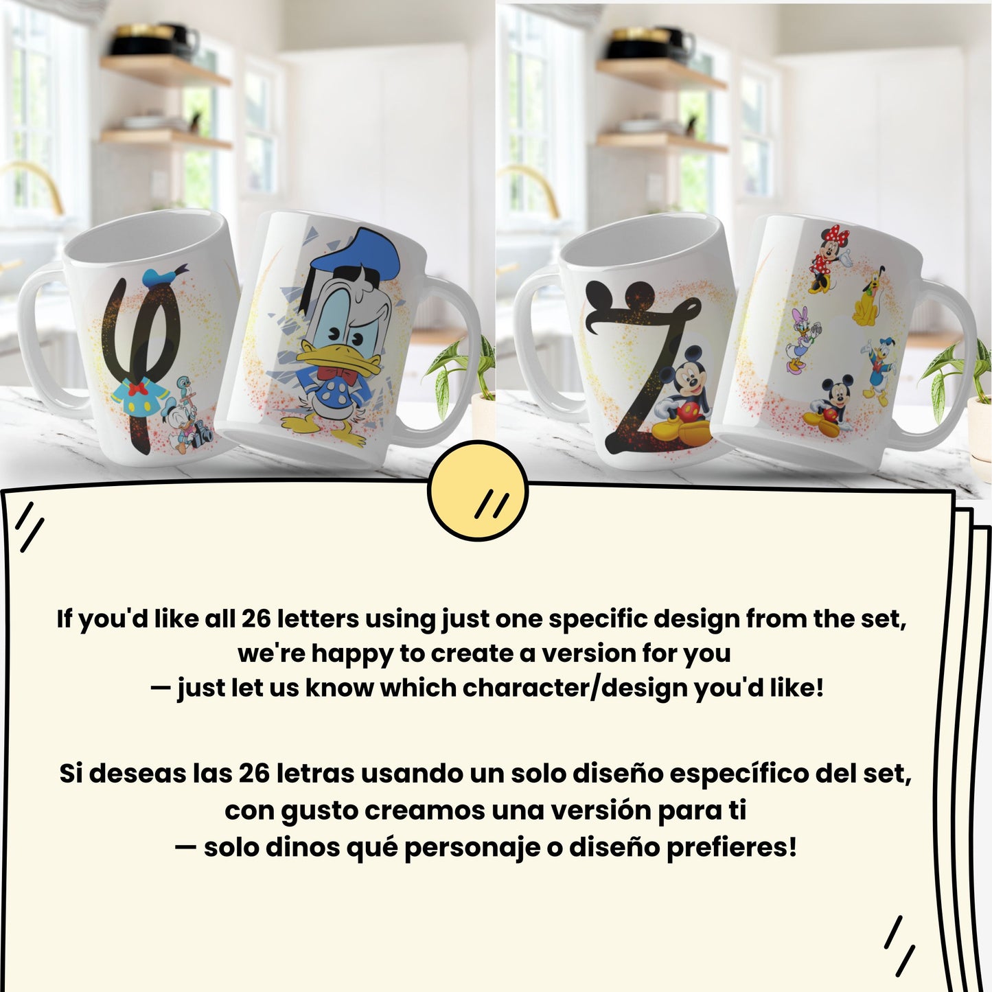 Four mugs with cartoon character designs on a white surface.