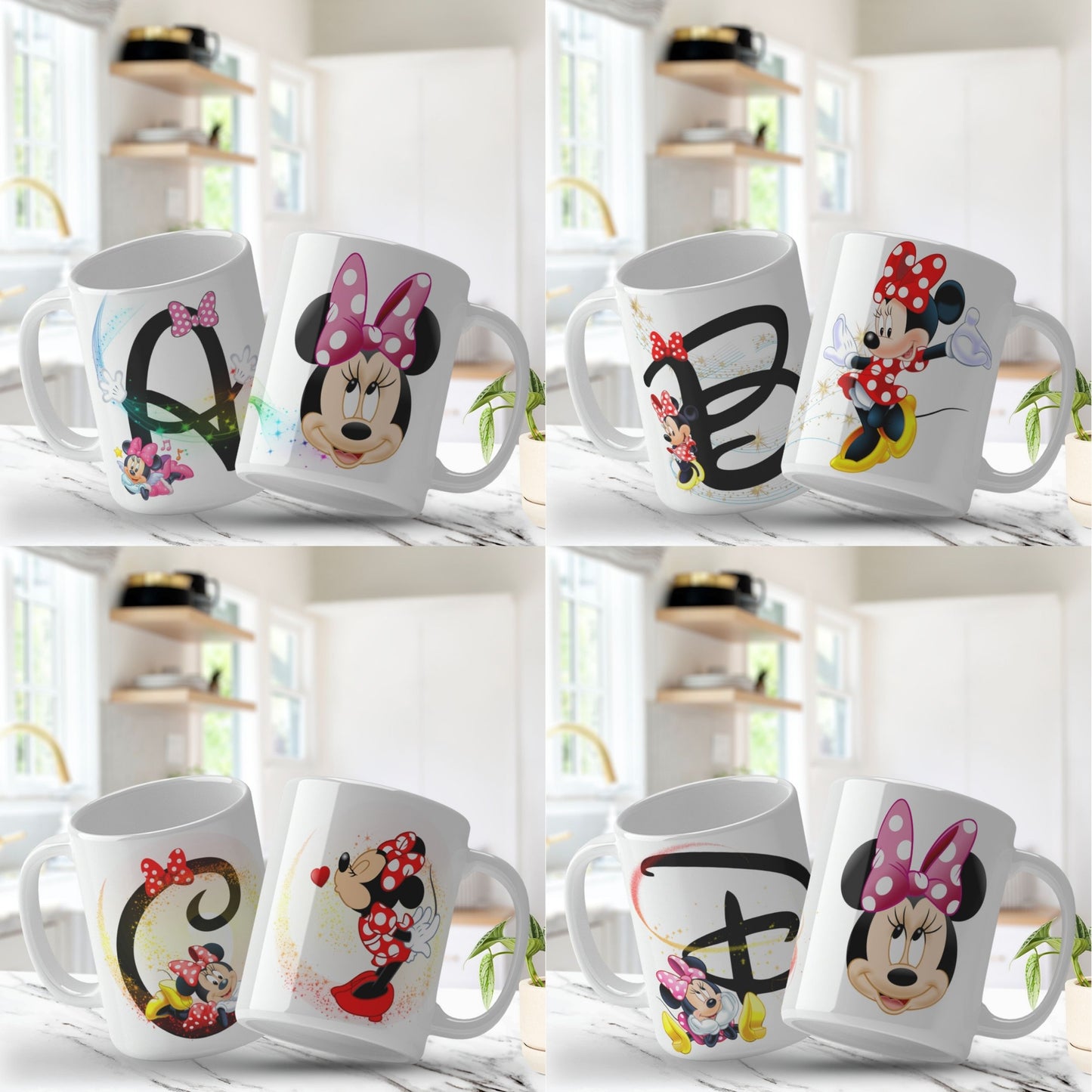Set of mugs with Minnie Mouse designs on a white surface.
