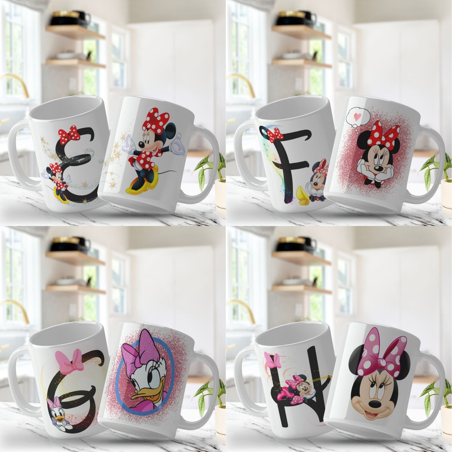 Set of six white mugs with cartoon character designs on a white surface.