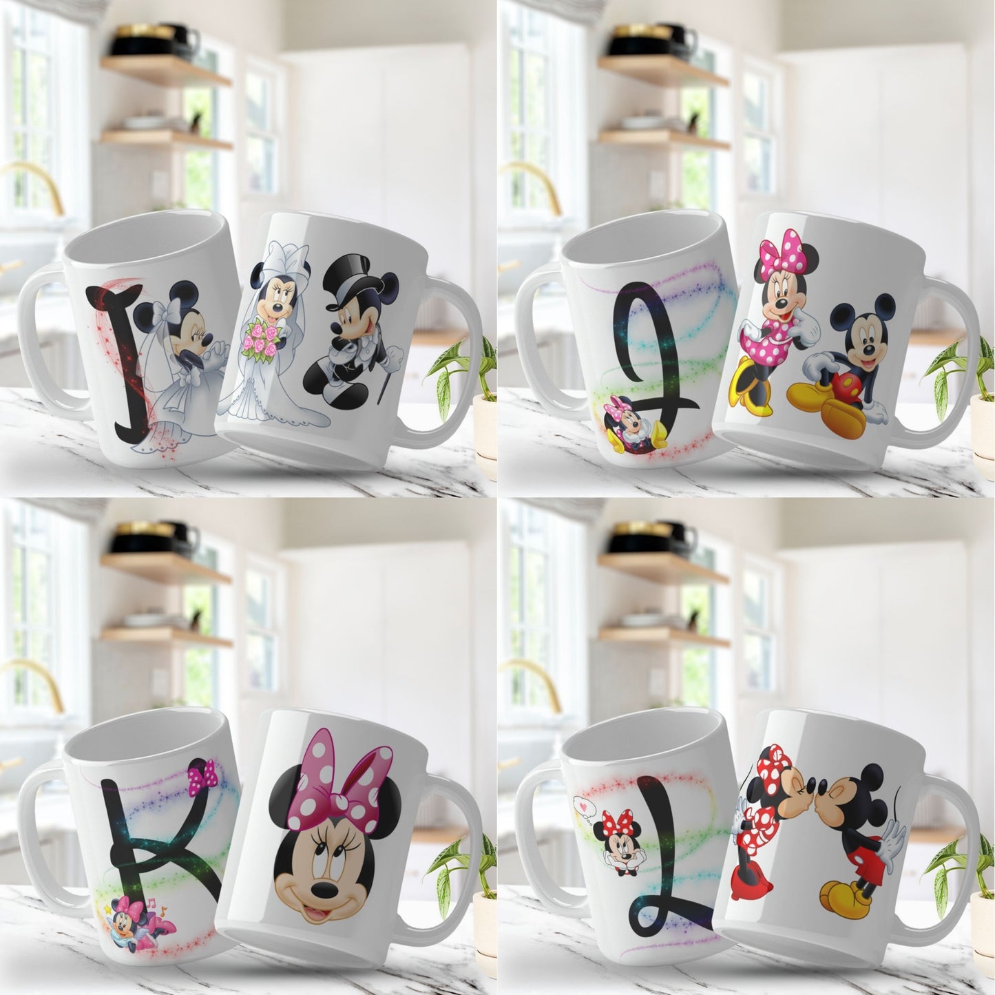 Set of white mugs with various designs including cartoon characters and letters.