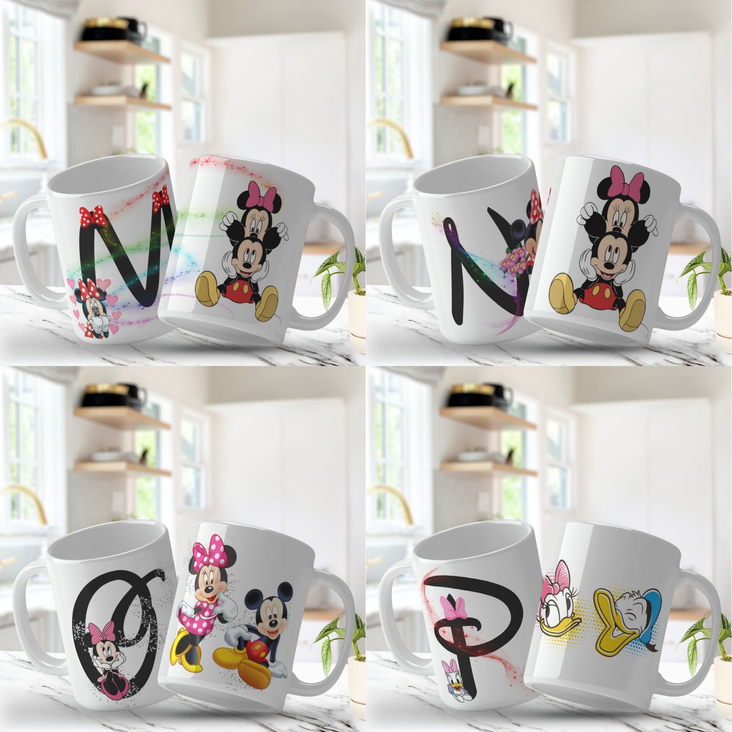 Set of four mugs with cartoon characters and letters on a white background. Png mug designs.