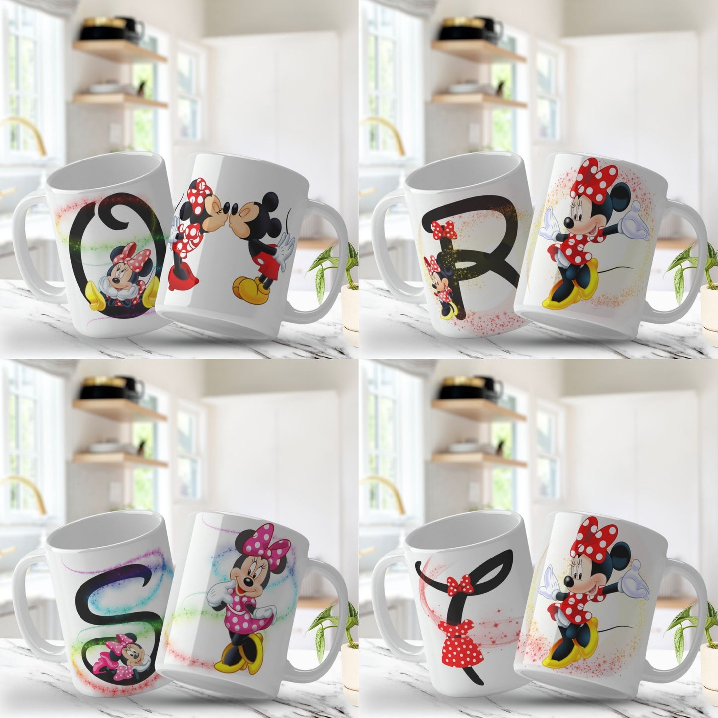 Set of four mugs with cartoon characters and letters on a white background. Mug template sfor sublimation.