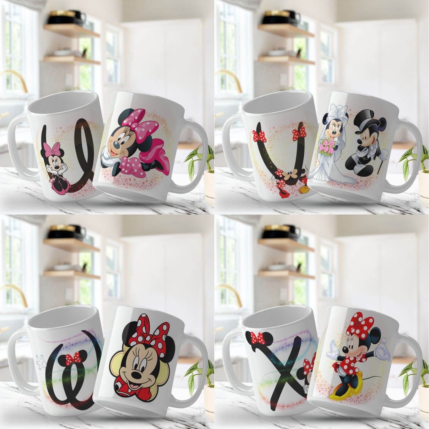 Set of six mugs with cartoon character designs on a white background