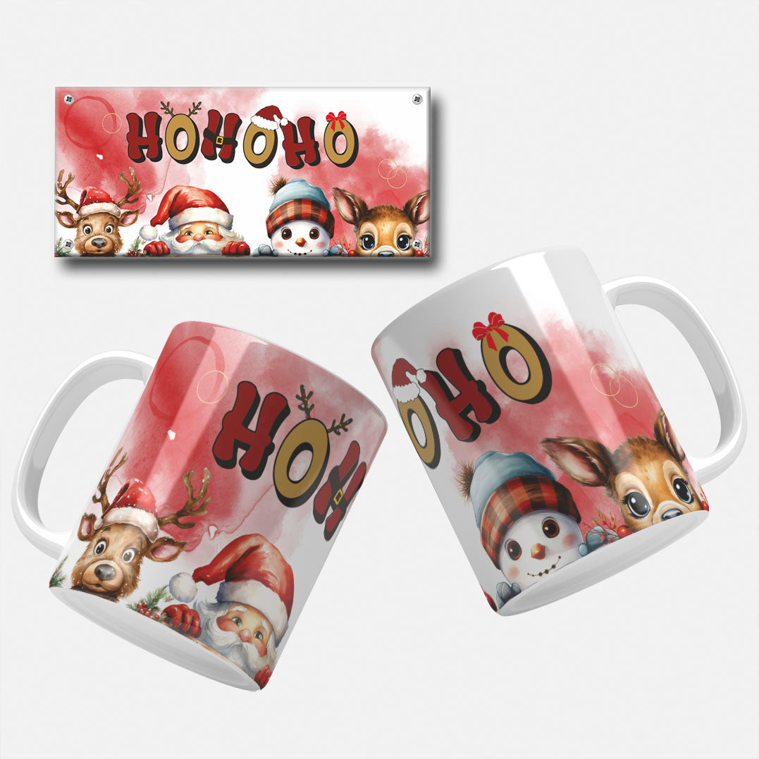 Ho Ho Ho Characters Mug Wrap Design: Christmas mug wrap design with "Ho Ho Ho" text and adorable characters including a reindeer, Santa Claus, snowman, and a cute reindeer, ideal for holiday crafting.