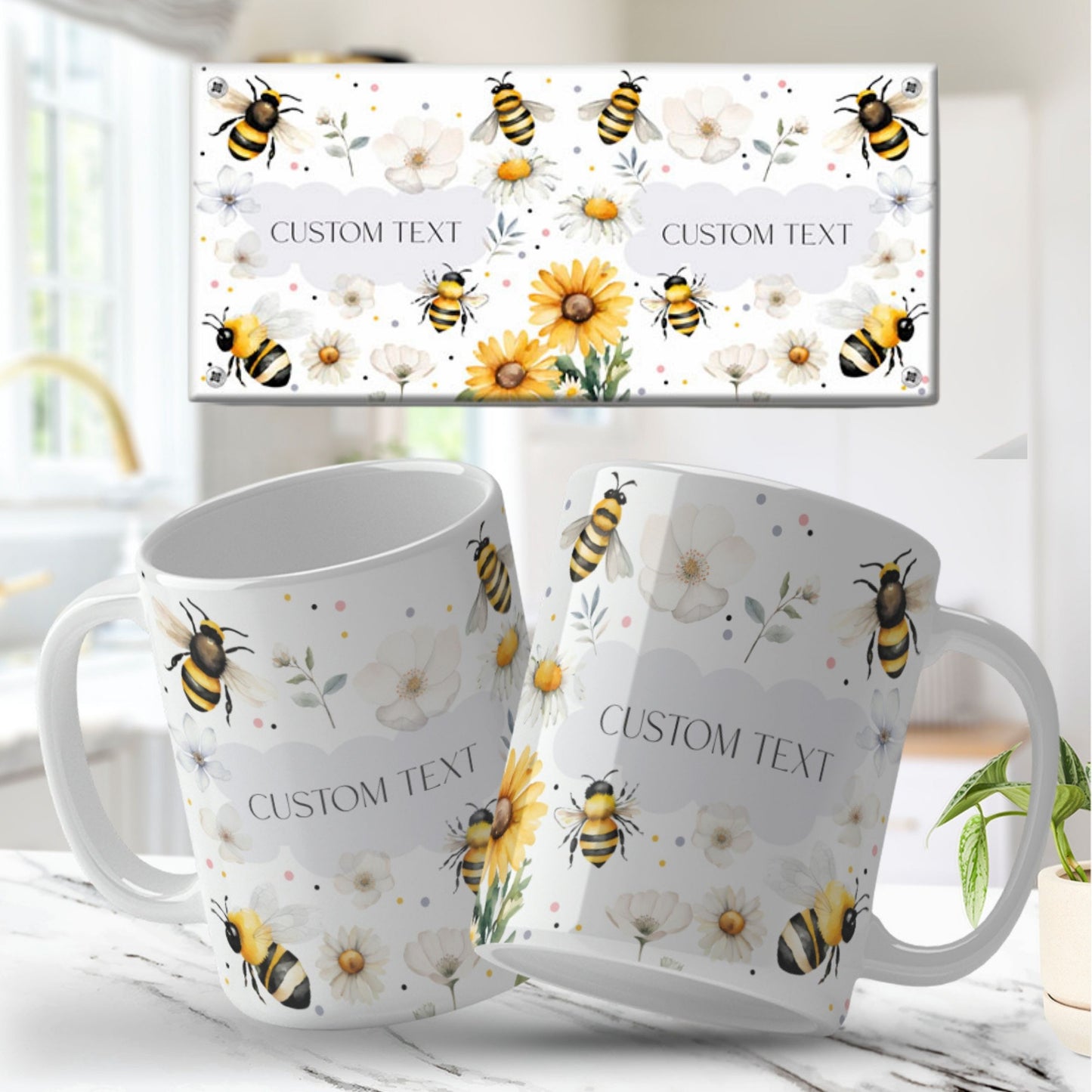 Two white floral mug desgins with bee and flower design on a matching box, set against a bright indoor background.