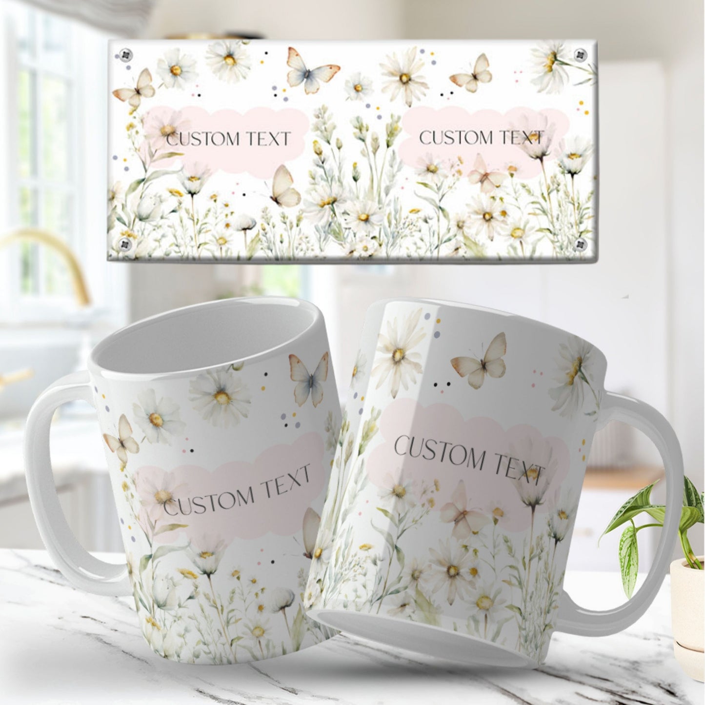 Two white mugs with floral designs and 'Custom Text' text on a light background.