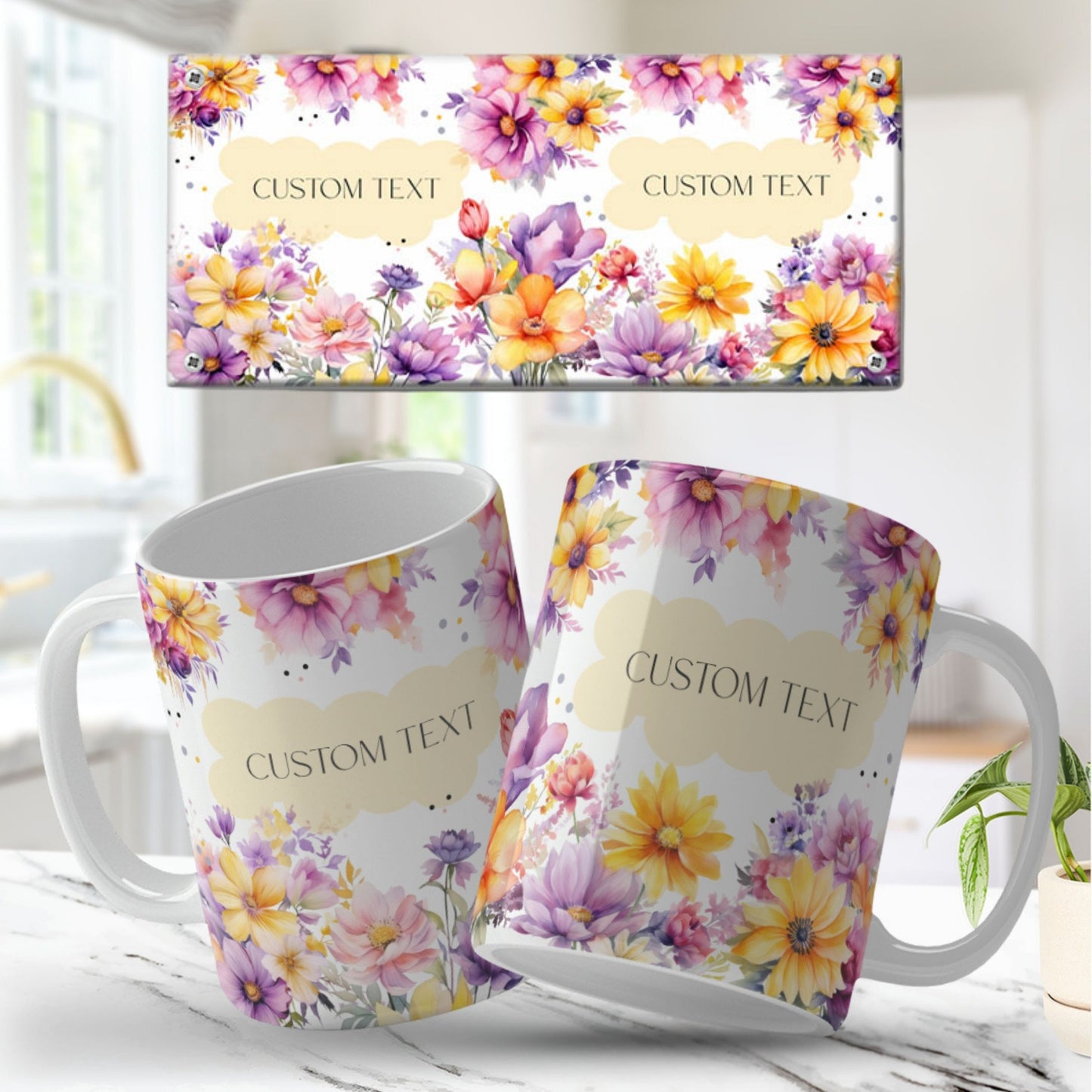 Two mugs with floral design and 'Custom Text' text on a white surface.