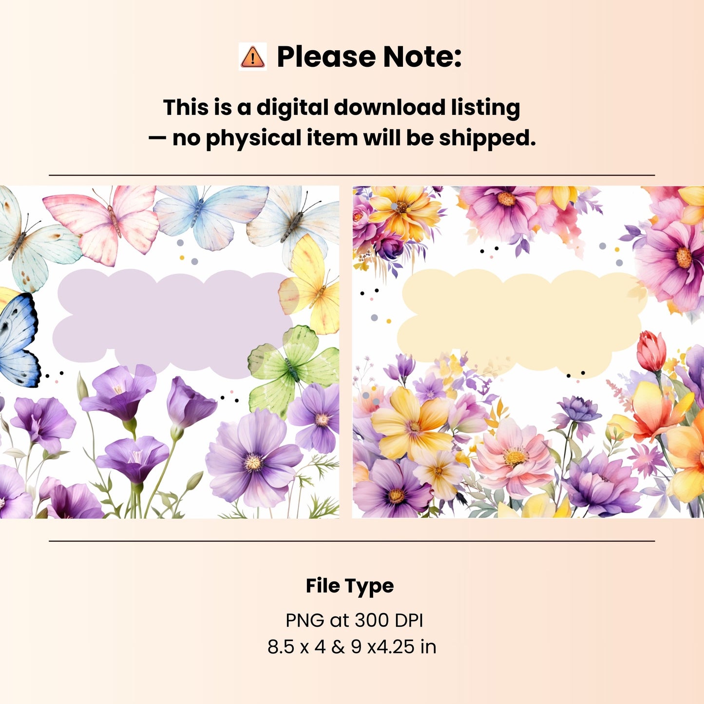 Digital download listing with floral and butterfly designs on a beige background.