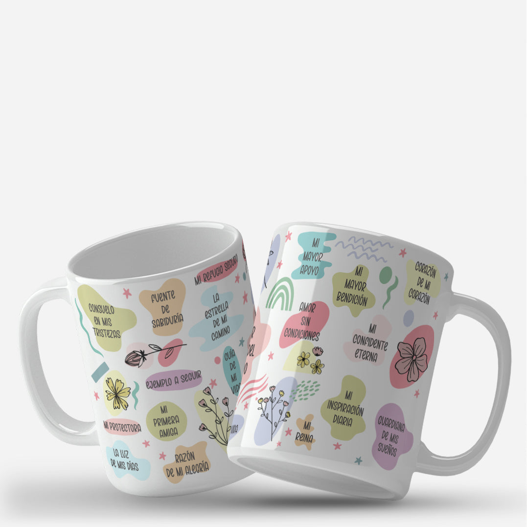 Envoltura de taza con frases en español para el Día de las Madres, decorada con flores y elementos en colores pastel. La mejor mama del mundo.