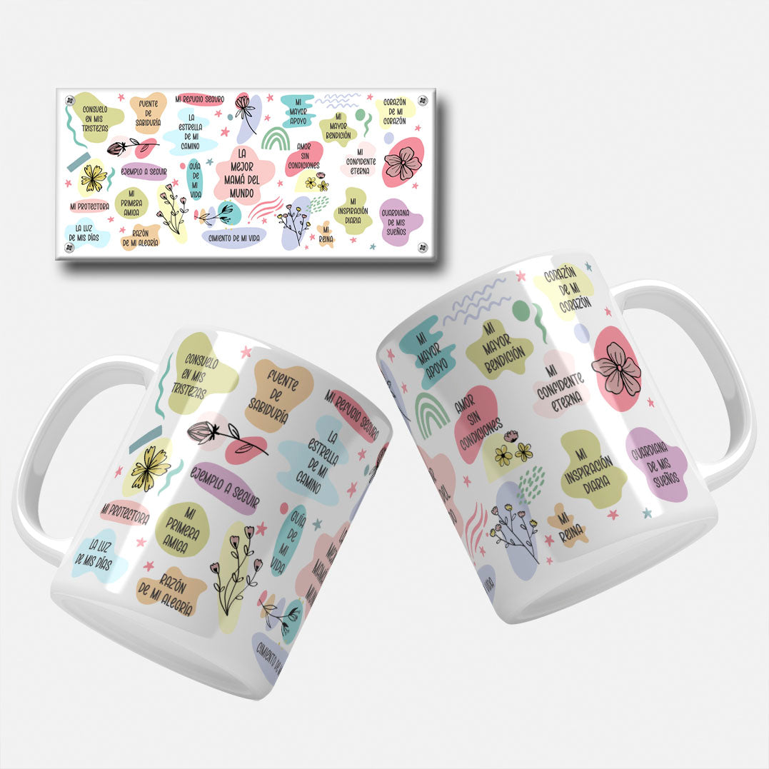 Envoltura de taza con frases en español para el Día de las Madres, decorada con flores y elementos en colores pastel. La mejor mama del mundo.