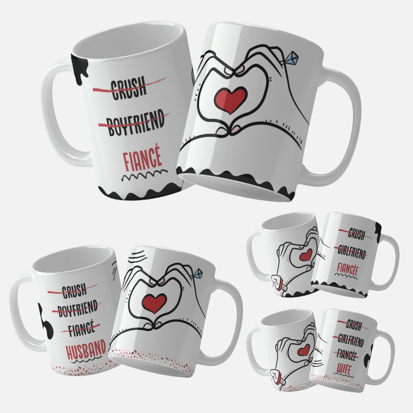 Husband_and_Wife_Mug_Set, Fiancé_and_Fiancée_Mug_Set, Set of two mugs with hands forming and Set of two mugs with hands forming a heart and a red heart in the center, labeled 'Fiancé' and 'Fiancée a heart and a red heart in the center, labeled 'Husband' and 'Wife