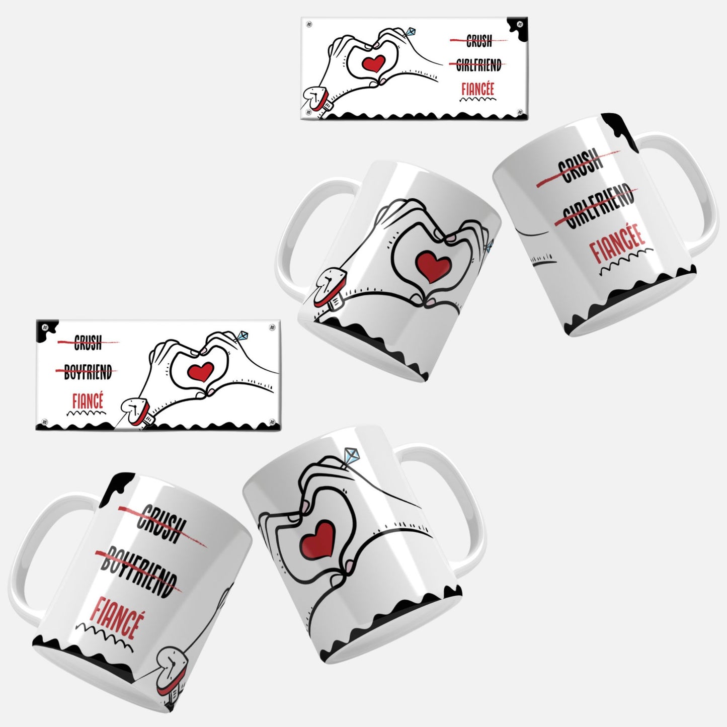 Fiancé_and_Fiancée_Mug_Set.png, Set of two mugs with hands forming a heart and a red heart in the center, labeled Fiancé and Fiancée