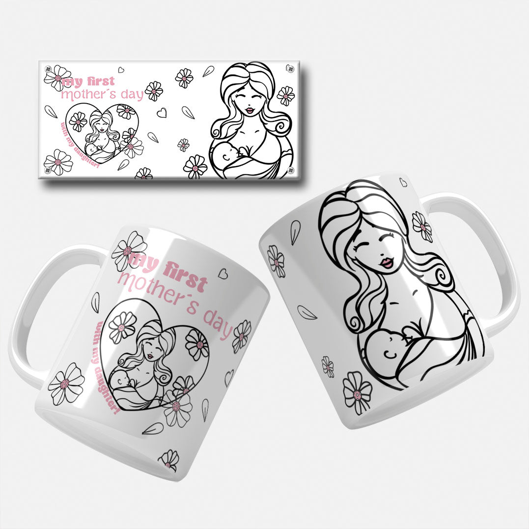 First Mother's Day mug wrap design with 'My First Mother's Day with My Daughter' text and pink polka dots