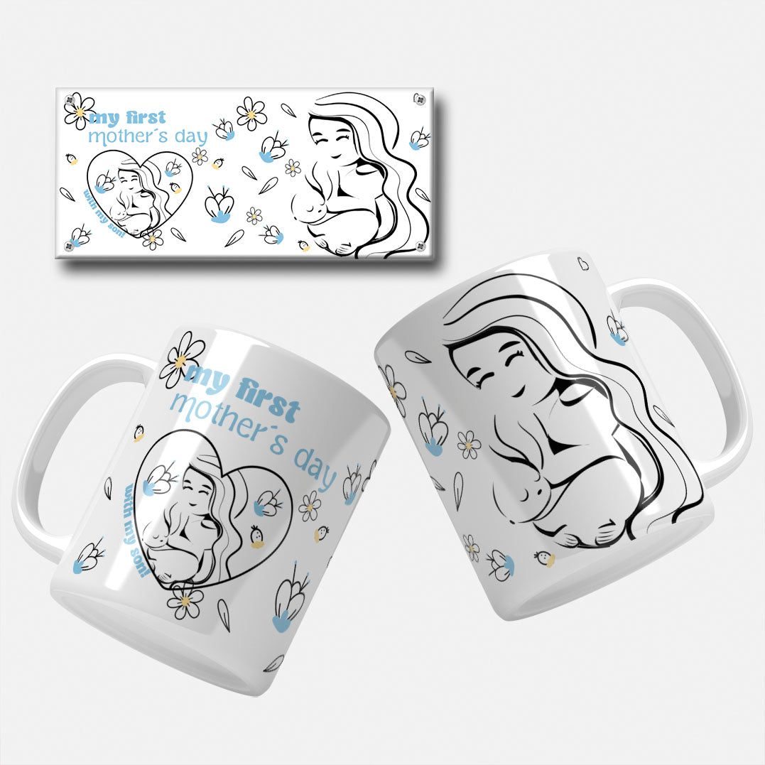First Mother's Day mug wrap design with 'My First Mother's Day with My Son' text and blue polka dots