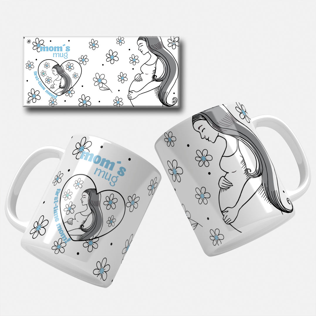 Mom's Mug for First-Time Moms mug wrap design with a pregnant woman illustration and blue polka dots