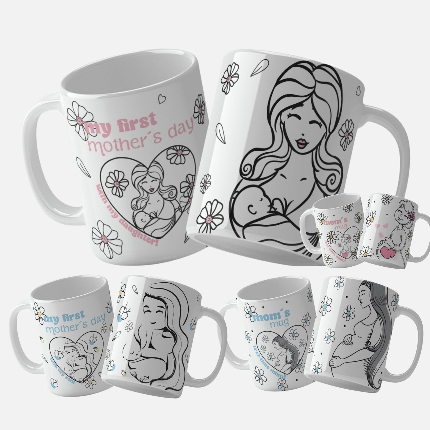 First Mother's Day mug wrap design with 'My First Mother's Day with My Daughter' and "First time With my son" text and pink and blue polka dots. Mom's Mug for First-Time Moms mug wrap design with a pregnant woman illustration hearts