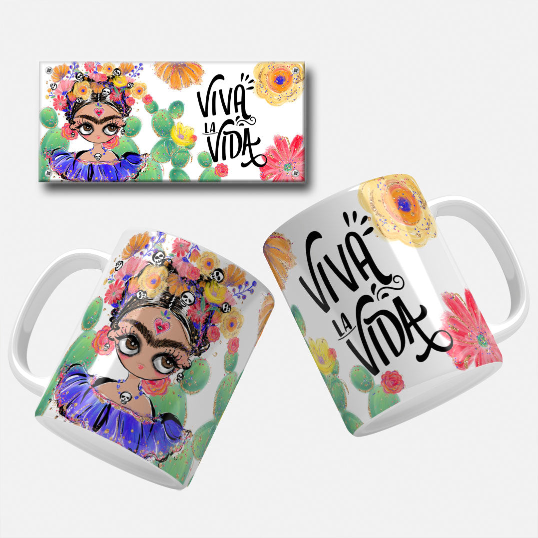 Multiple artistic illustrations of Frida Kahlo with flower crowns and skulls, surrounded by colorful floral elements and abstract designs. Viva La Vida.