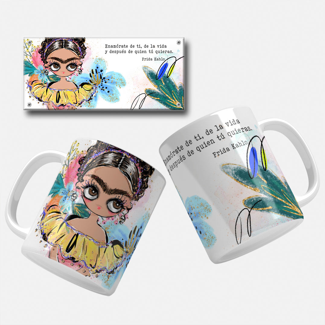 Illustration of Frida Kahlo with colorful flowers and vibrant background, featuring the quote 'Enamórate de ti, de la vida y después de quien tú quieras. by Frida Kahlo.
