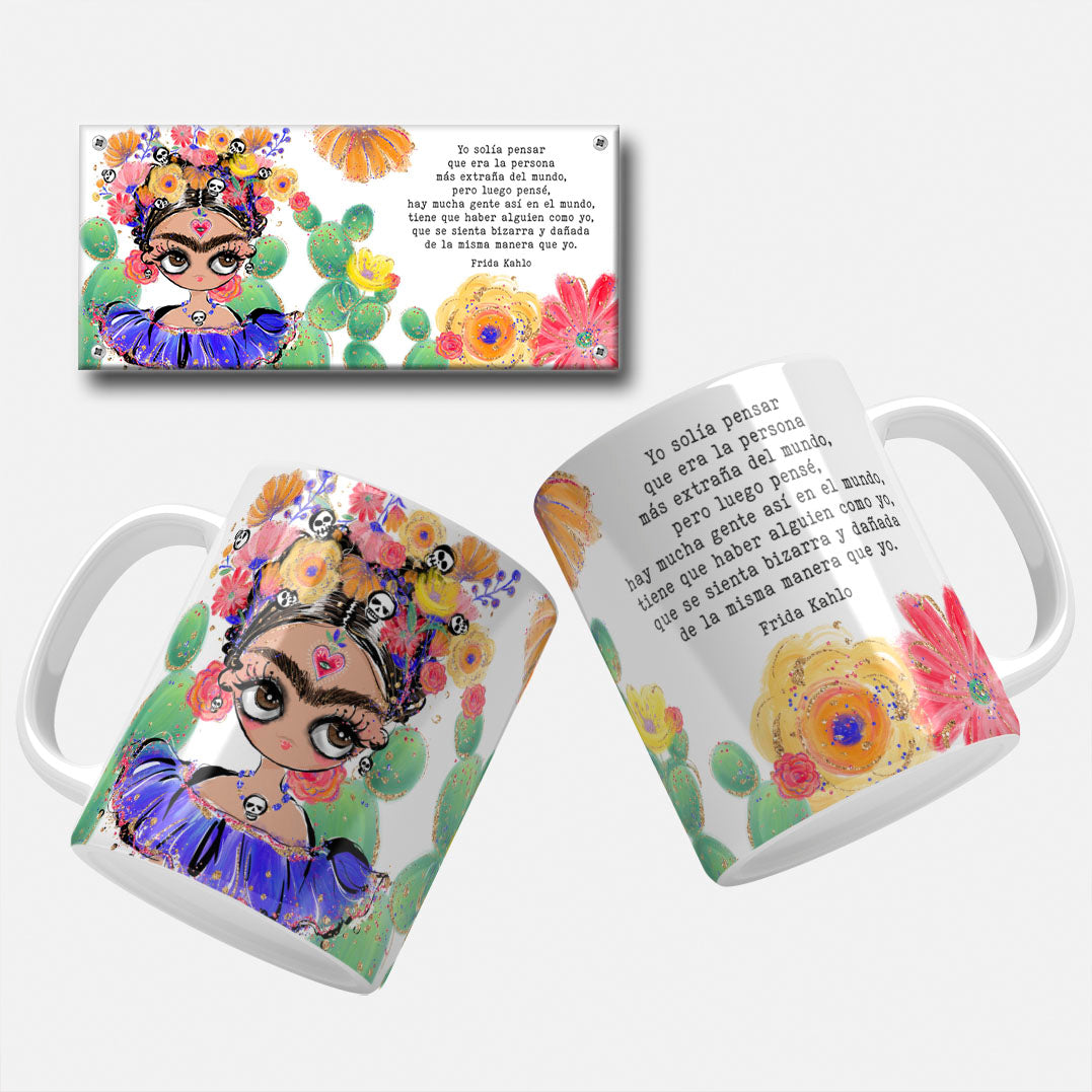 Artistic depiction of Frida Kahlo with a flower crown, surrounded by cacti and flowers, with the quote Yo solía pensar que era la persona más extraña en el mundo, pero luego pensé, hay mucha gente así en el mundo, tiene que haber alguien como yo, que se sienta bizarra y dañada de la misma forma en que yo me siento, by Frida Kahlo.