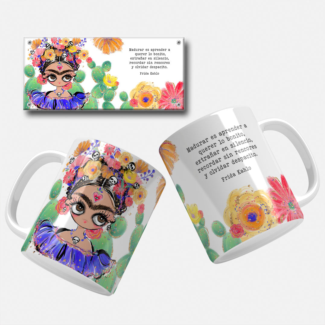 Artistic depiction of Frida Kahlo with a flower crown, surrounded by cacti and flowers, with the quote 'Madurar es aprender a querer lo bonito, extrañar en silencio, recordar sin rencores y olvidar despacito.' by Frida Kahlo.