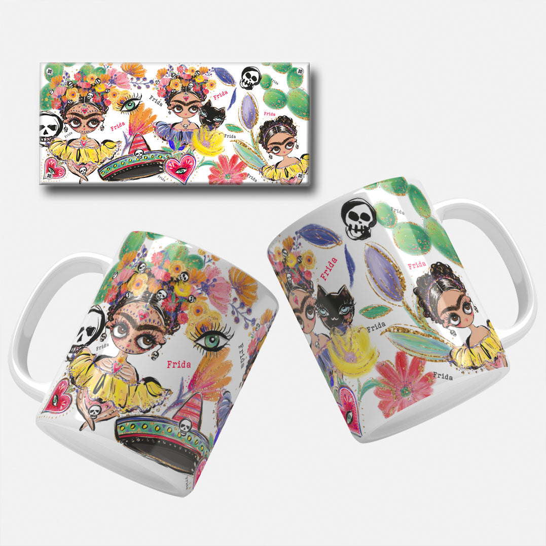 Multiple artistic illustrations of Frida Kahlo with flower crowns and skulls, surrounded by colorful floral elements and abstract designs.