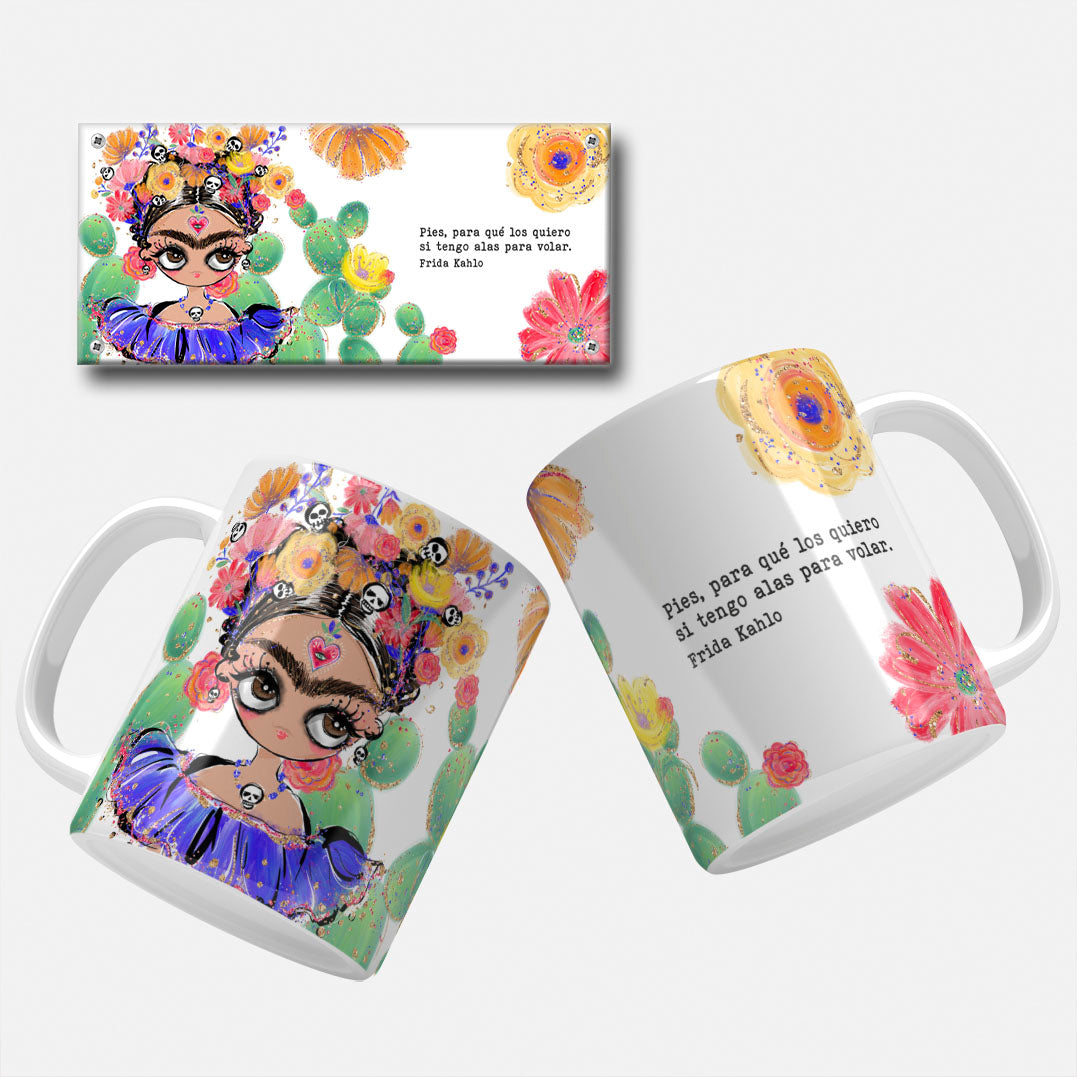 Frida Kahlo illustration with a vibrant flower crown and a blue dress, set against a background of colorful flowers and cacti, featuring the quote 'Pies, para qué los quiero si tengo alas para volar.' by Frida Kahlo