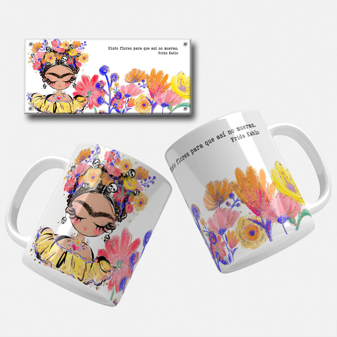 Illustration of Frida Kahlo with closed eyes and a flower crown, surrounded by colorful flowers and abstract designs, with the quote 'Pinto flores para que así no mueran.' by Frida Kahlo