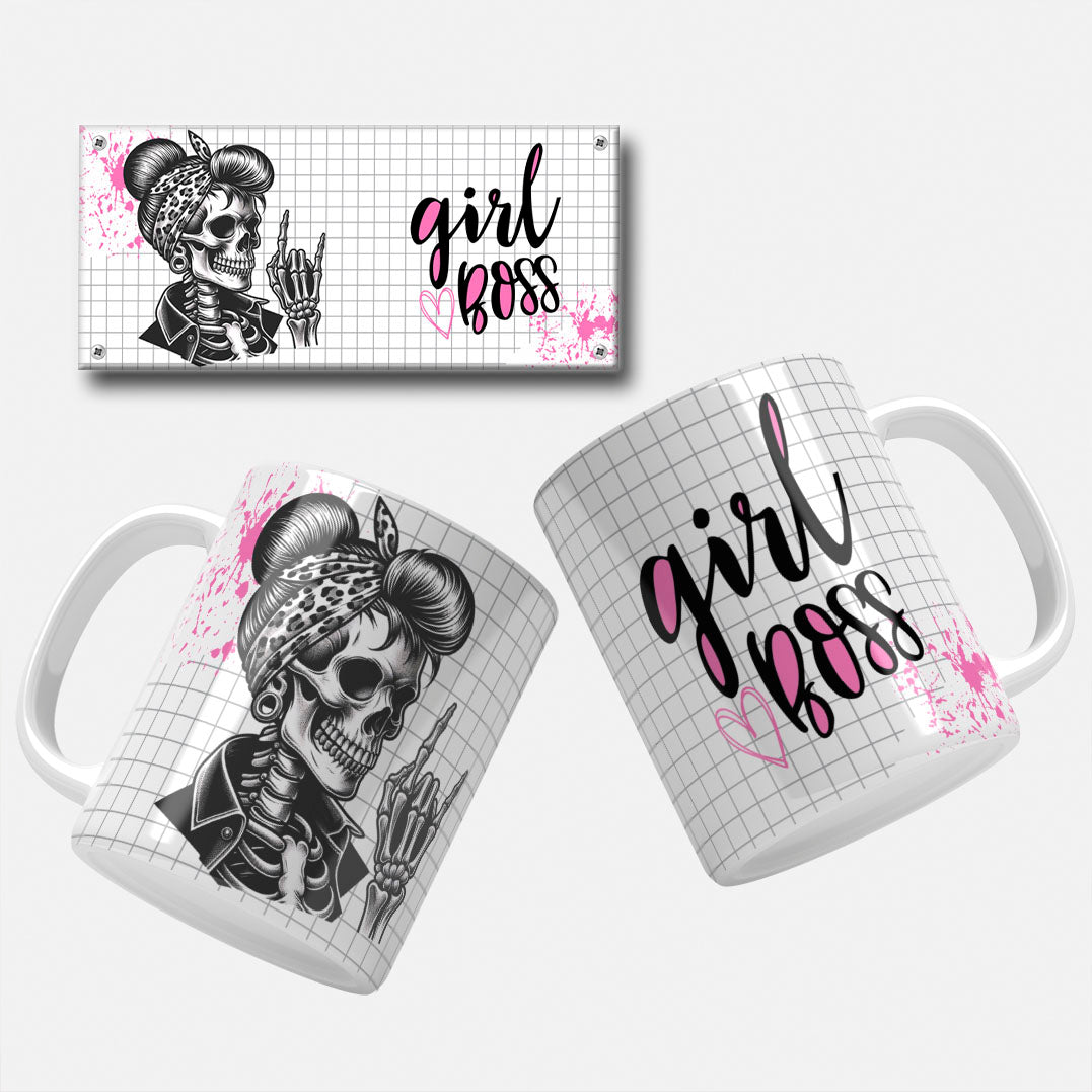 Girl Boss Skull Mug Wrap_04 - An edgy mug wrap showcasing a skull with a retro hairstyle and polka dot bandana, making a shushing gesture, set against a dark background with pink accents.