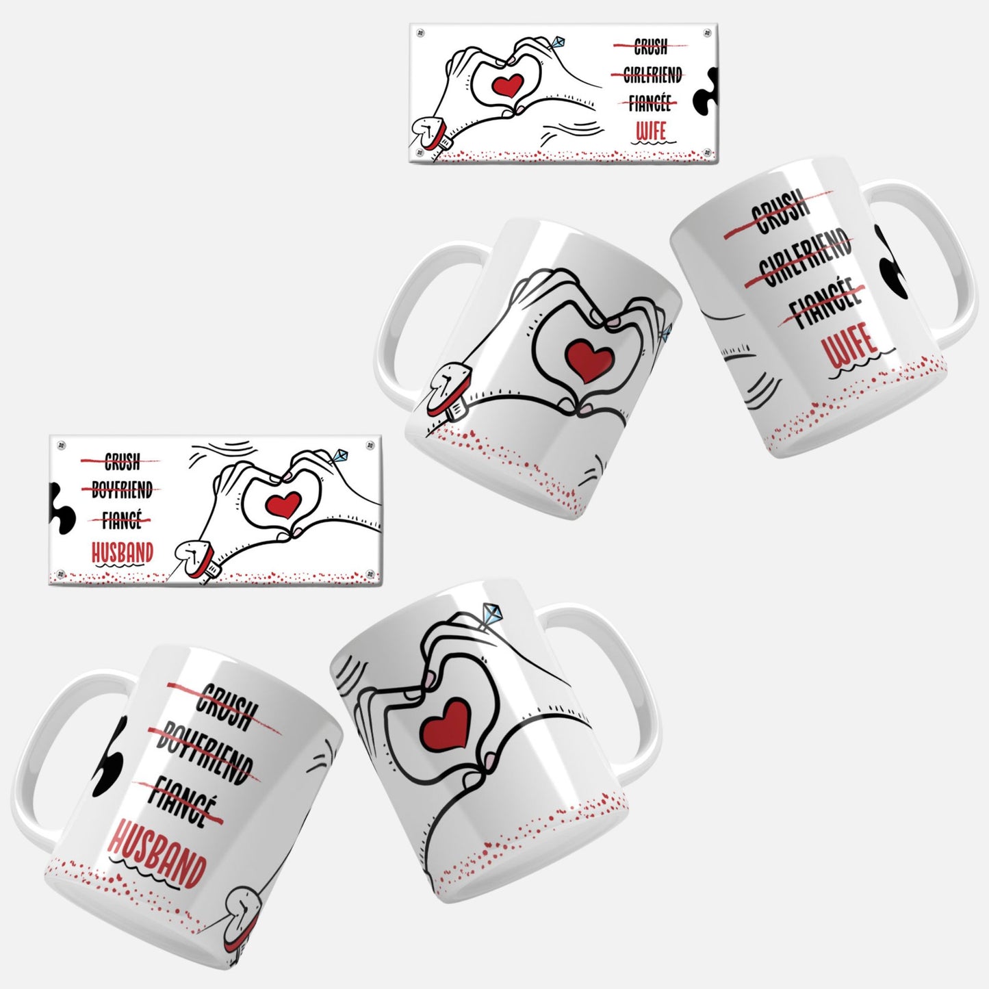 Husband_and_Wife_Mug_Set.png, Set of two mugs with hands forming a heart and a red heart in the center, labeled Husband and Wife