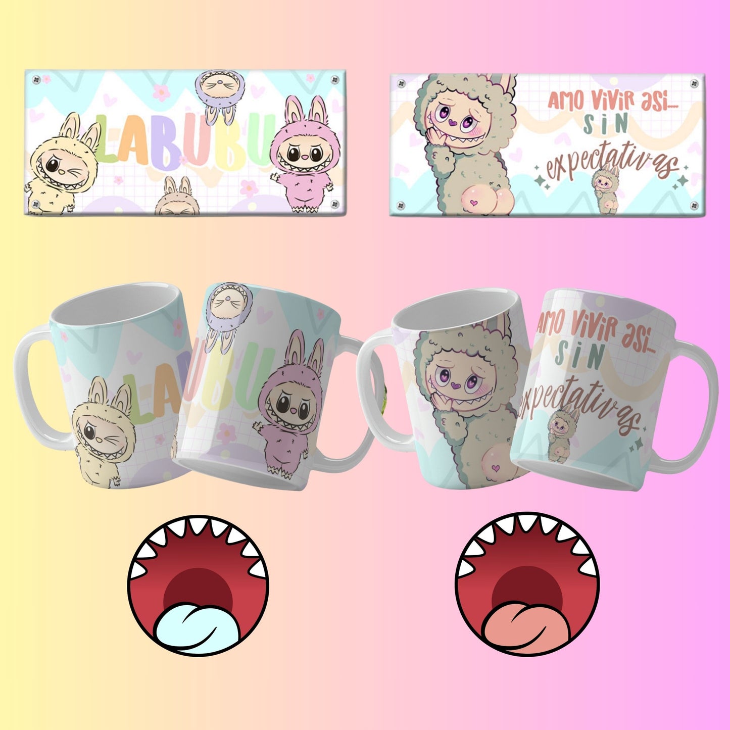 A collection of Labubu-themed mouth-bottom mug wrap templates in PNG format, perfect for sublimation. Features fun cartoon character designs with playful mouths placed at the base of the mug, ideal for adding humor and personality to drinkware.