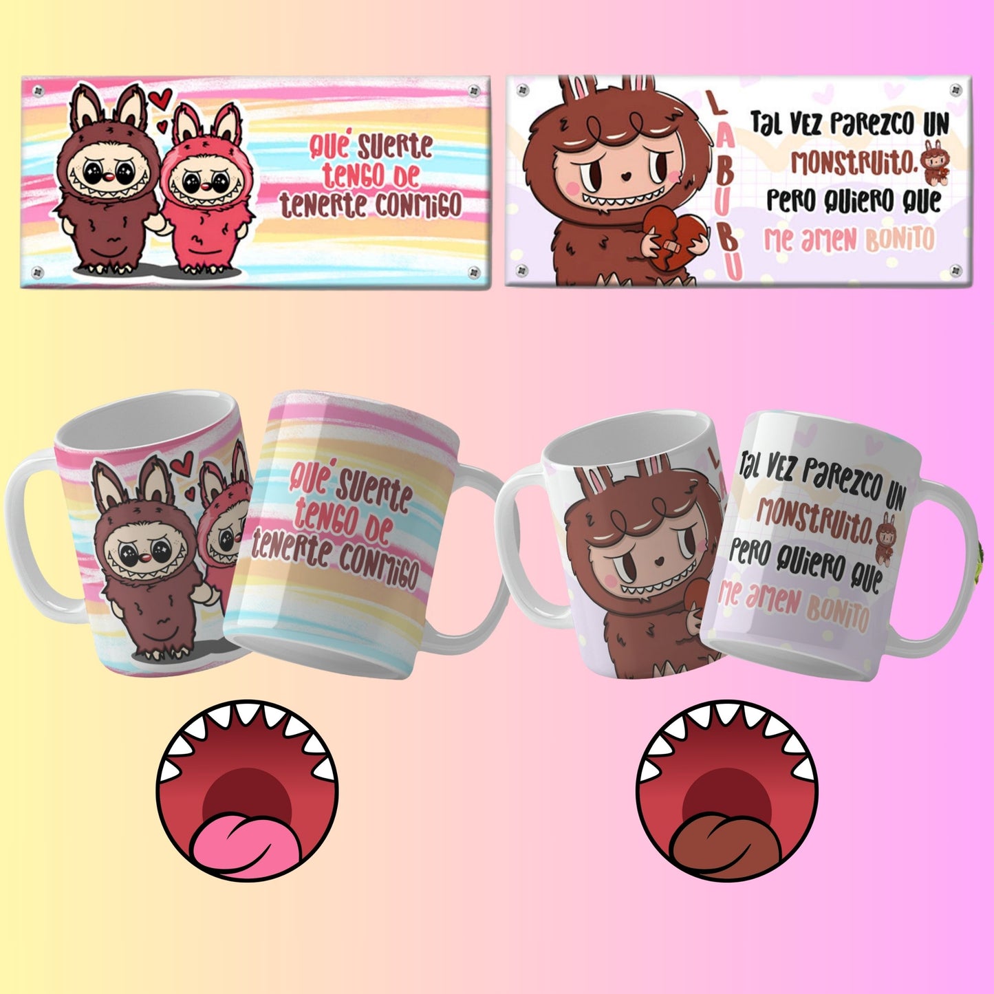A collection of Labubu-themed mouth-bottom mug wrap templates in PNG format, perfect for sublimation. Features fun cartoon character designs with playful mouths placed at the base of the mug, ideal for adding humor and personality to drinkware.