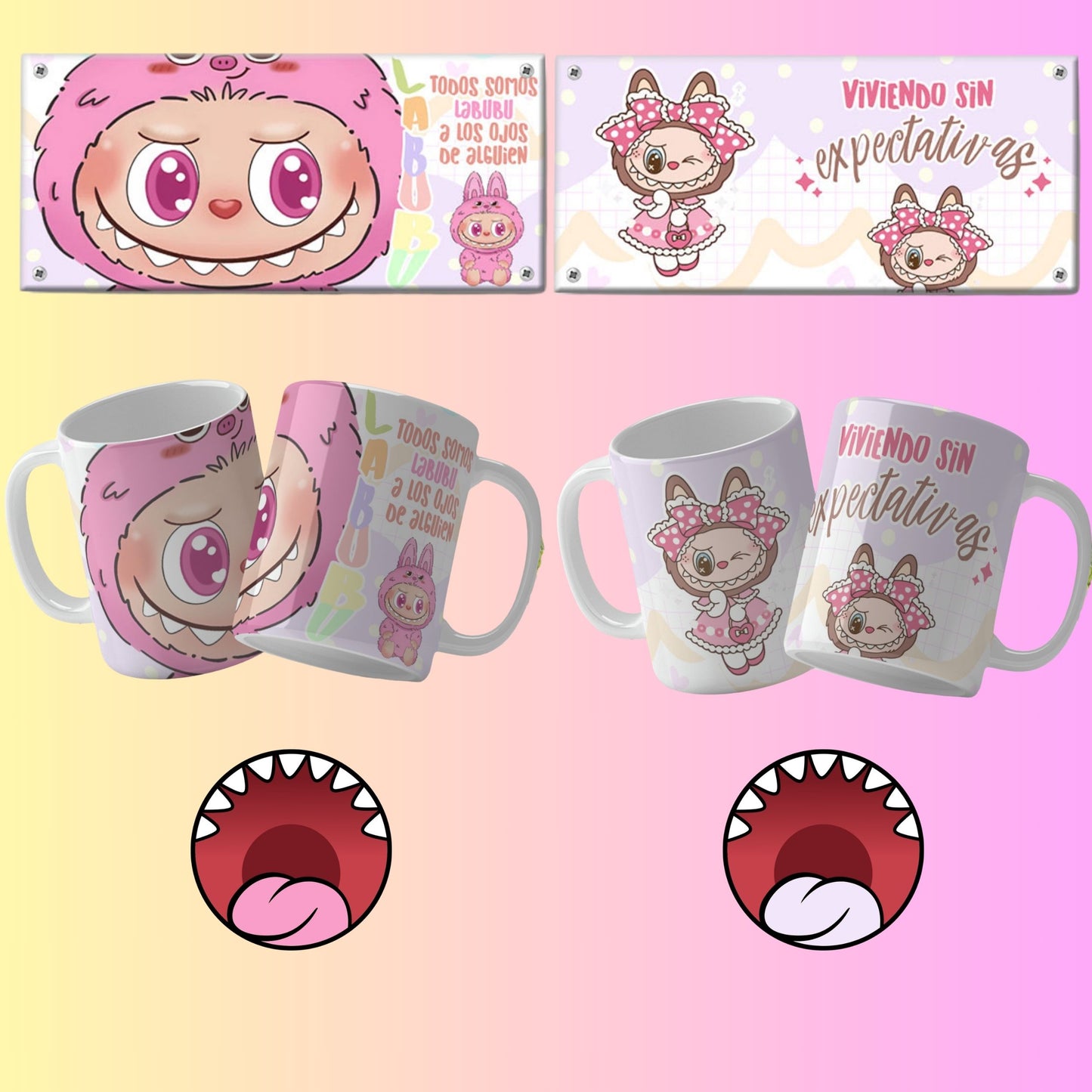 A collection of Labubu-themed mouth-bottom mug wrap templates in PNG format, perfect for sublimation. Features fun cartoon character designs with playful mouths placed at the base of the mug, ideal for adding humor and personality to drinkware.
