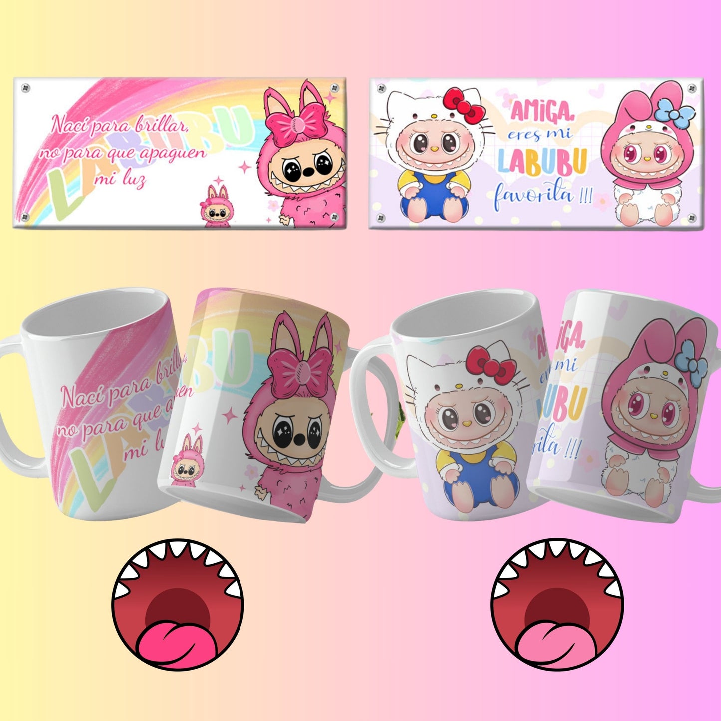 A collection of Labubu-themed mouth-bottom mug wrap templates in PNG format, perfect for sublimation. Features fun cartoon character designs with playful mouths placed at the base of the mug, ideal for adding humor and personality to drinkware.