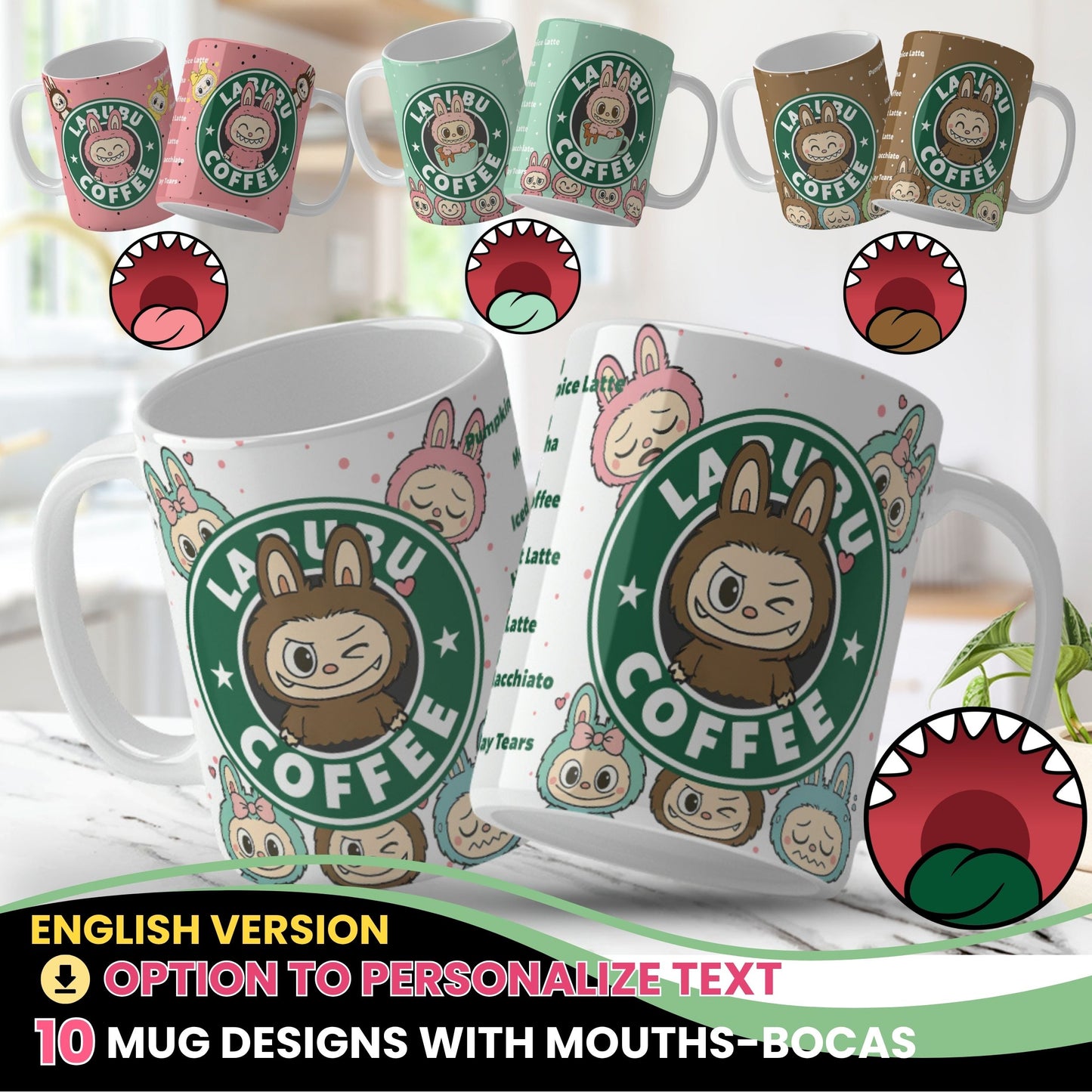 Two mugs with cartoon character design and 'Labub Coffee' Starbucks style branding on a white surface.