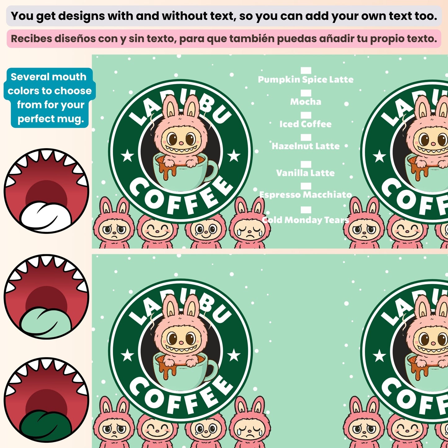 Two mugs with cartoon character design and 'Labub Coffee' Starbucks style branding on a white surface.