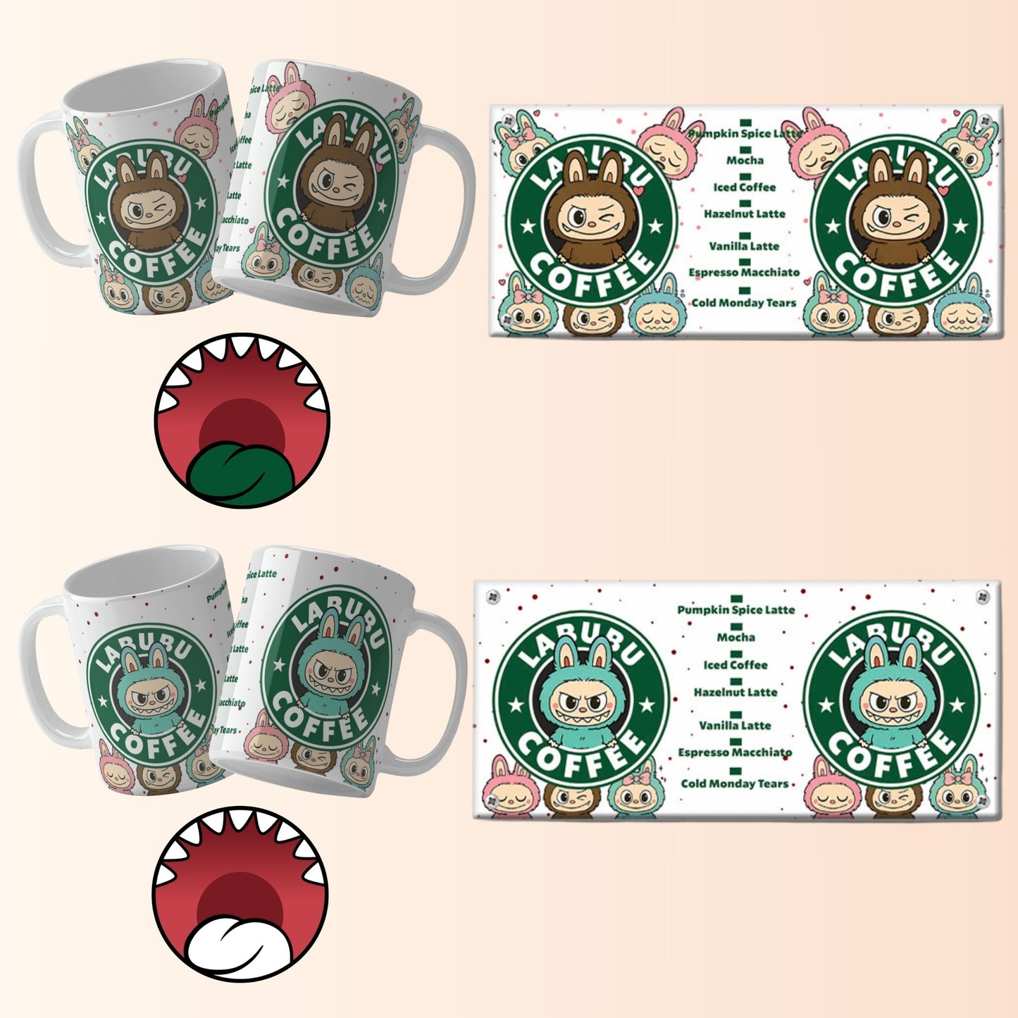 Two mugs and motwith cartoon character design and 'Labub Coffee' Starbucks style branding on a white surface