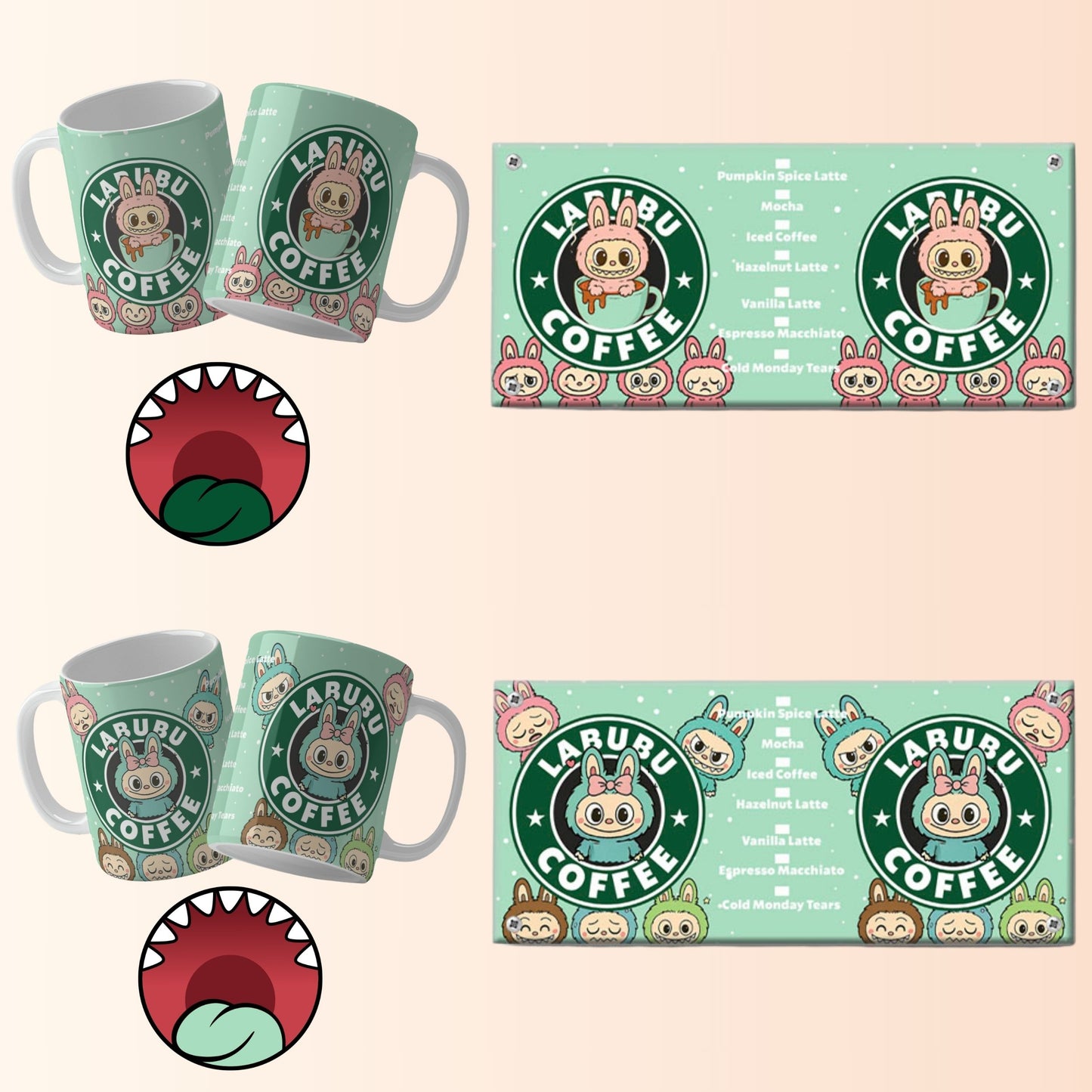 LabubuCoffee mugs and packaging with cartoon character design on a beige background
