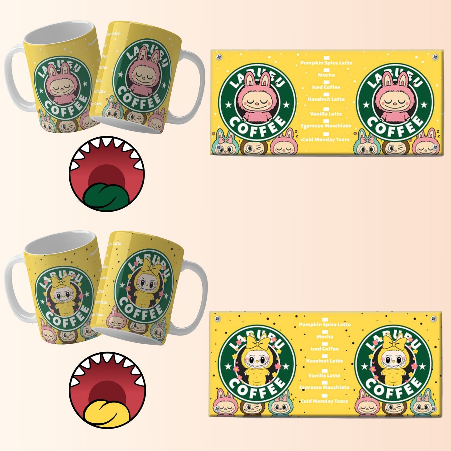 LabubuCoffee mugs and packaging with cartoon character design on a beige background