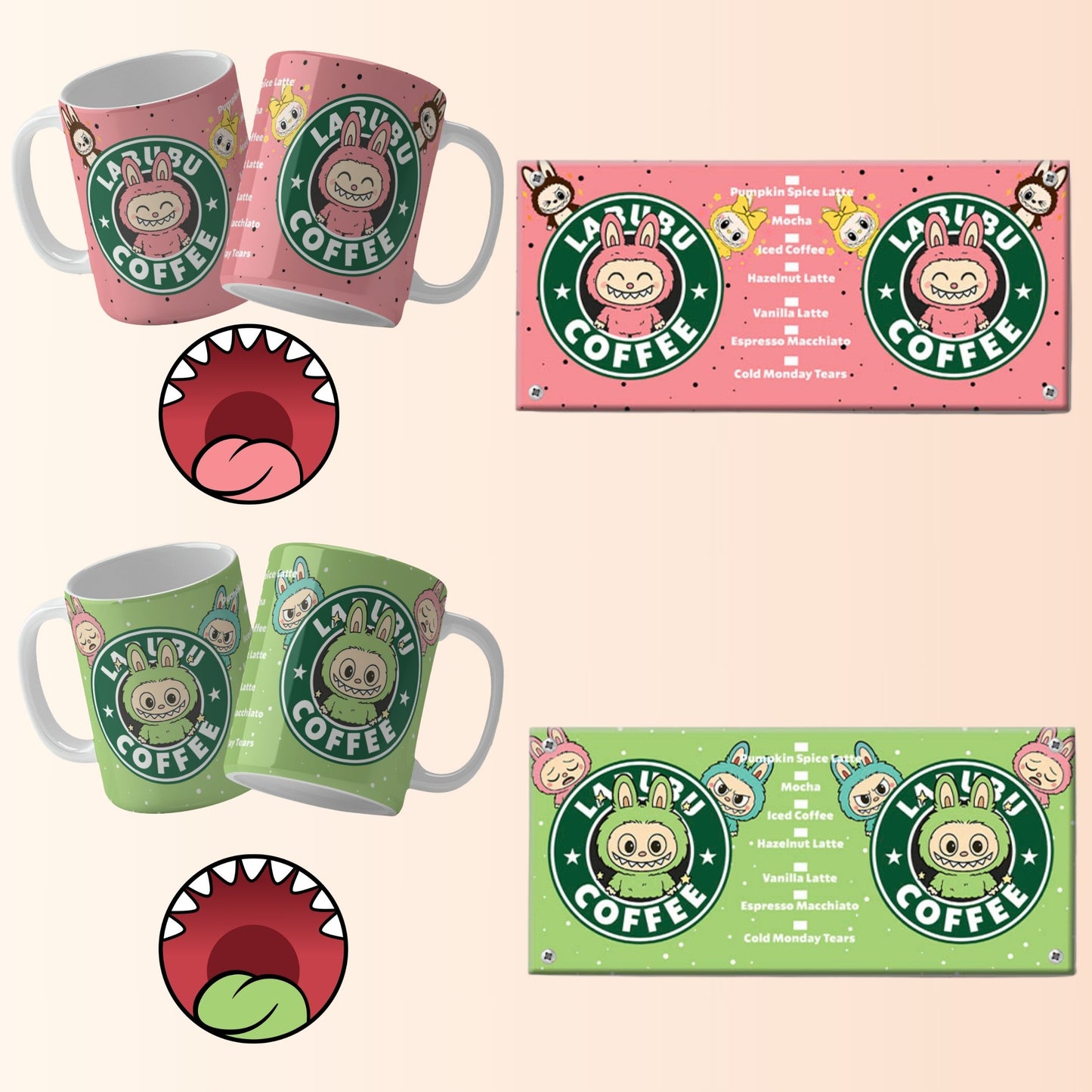 LabubuCoffee mugs and packaging with cartoon character design on a beige background