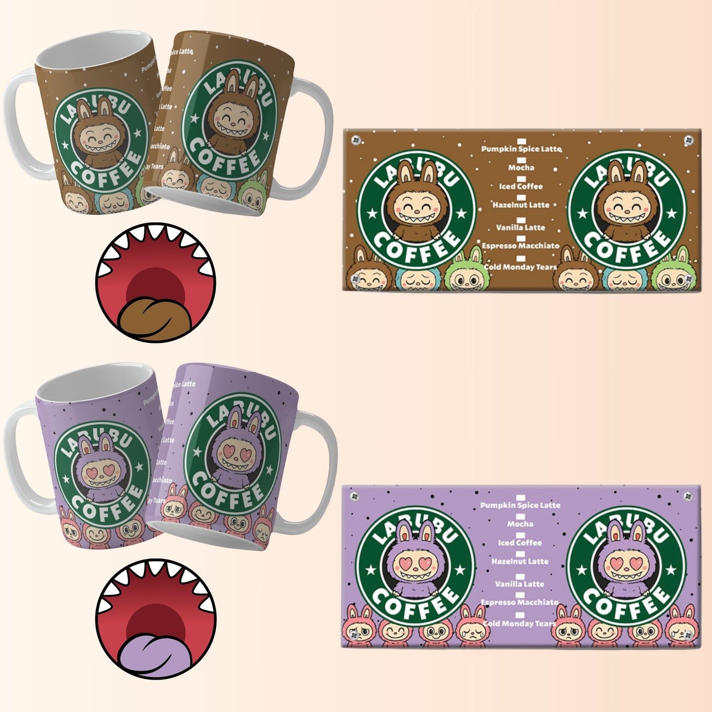 LabubuCoffee mugs and packaging with cartoon character design on a beige background